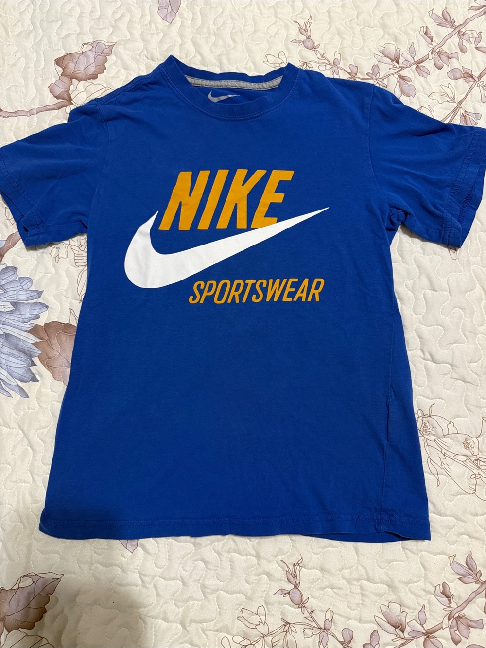 Nike Blue Short Sleeve Tee with White Swoosh and Yellow Logo